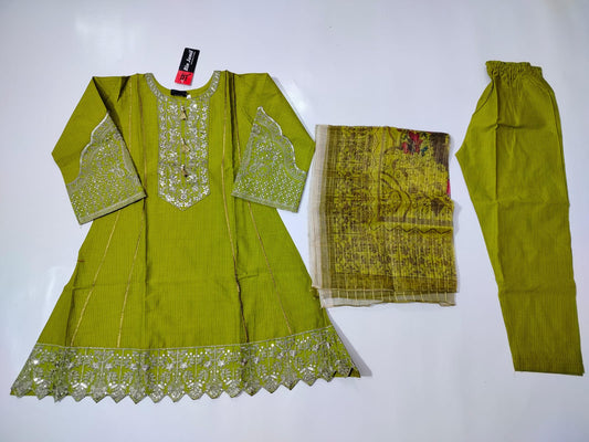 Girls Cotton Embroidered Shirt with Trouser & Dupatta – 3 Piece Set (Ages 6 to 13 Years)