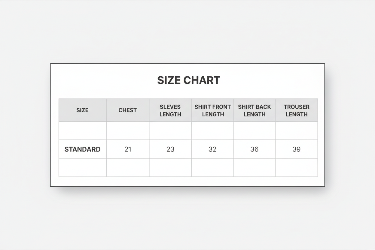size chart
SIZE STANDARD
CHEST 21
SLEEVES LENGTH 23
SHIRT FRONT LENGTH 32
SHIRT BACK LENGTH 36
TROUSER LENGTH 39