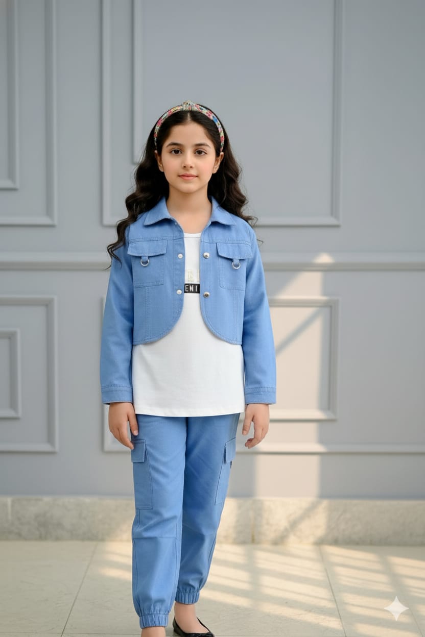 Trendy Girls Denim Jacket &amp; Cargo Set