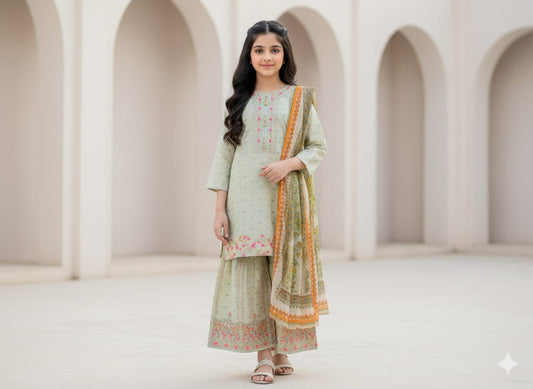 Elegant Cotton Lawn 3-Piece Dress for Girls