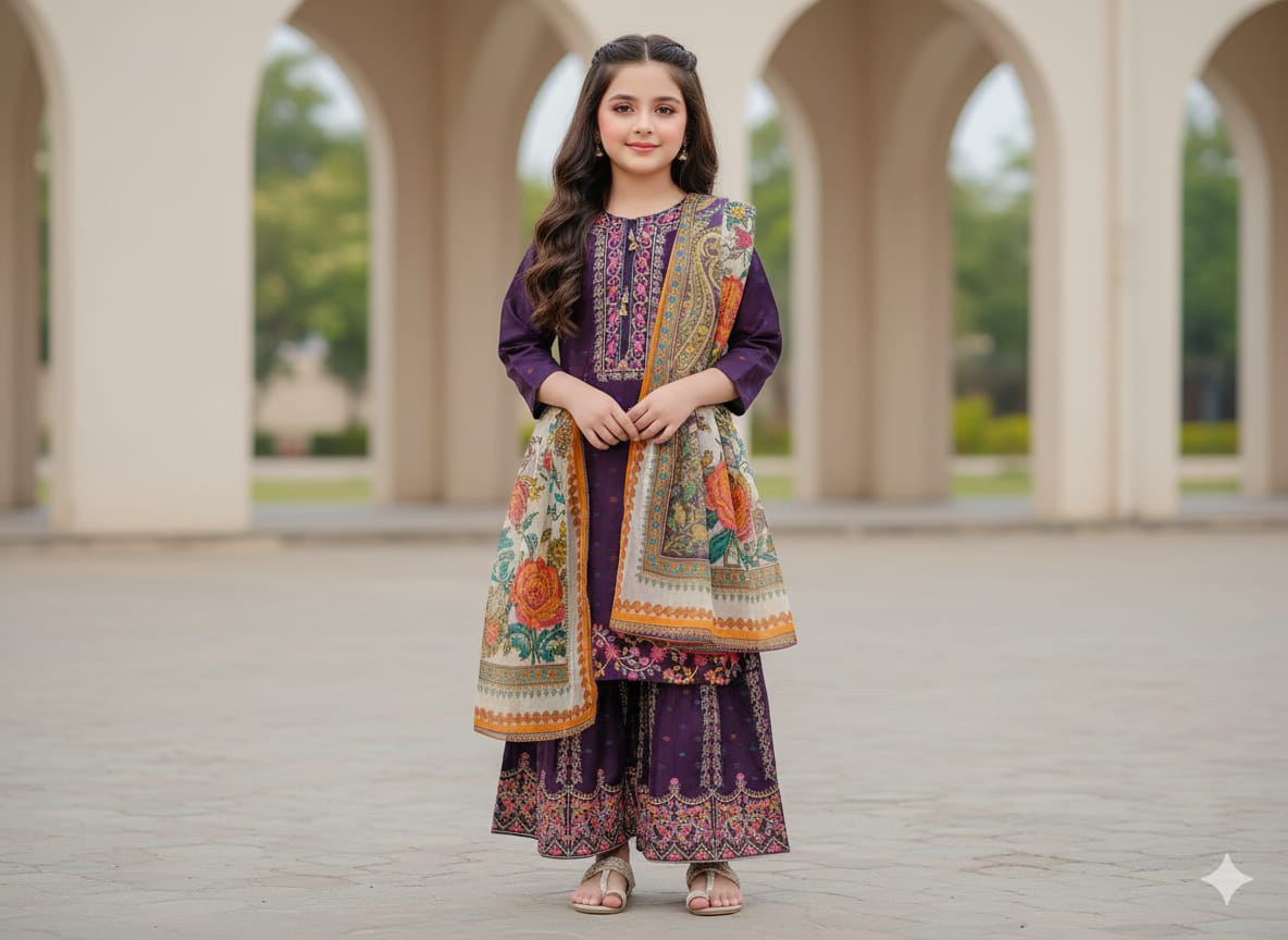 Elegant Cotton Lawn 3-Piece Dress for Girls