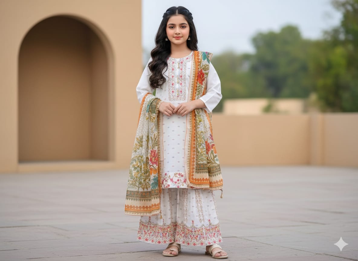 Elegant Cotton Lawn 3-Piece Dress for Girls