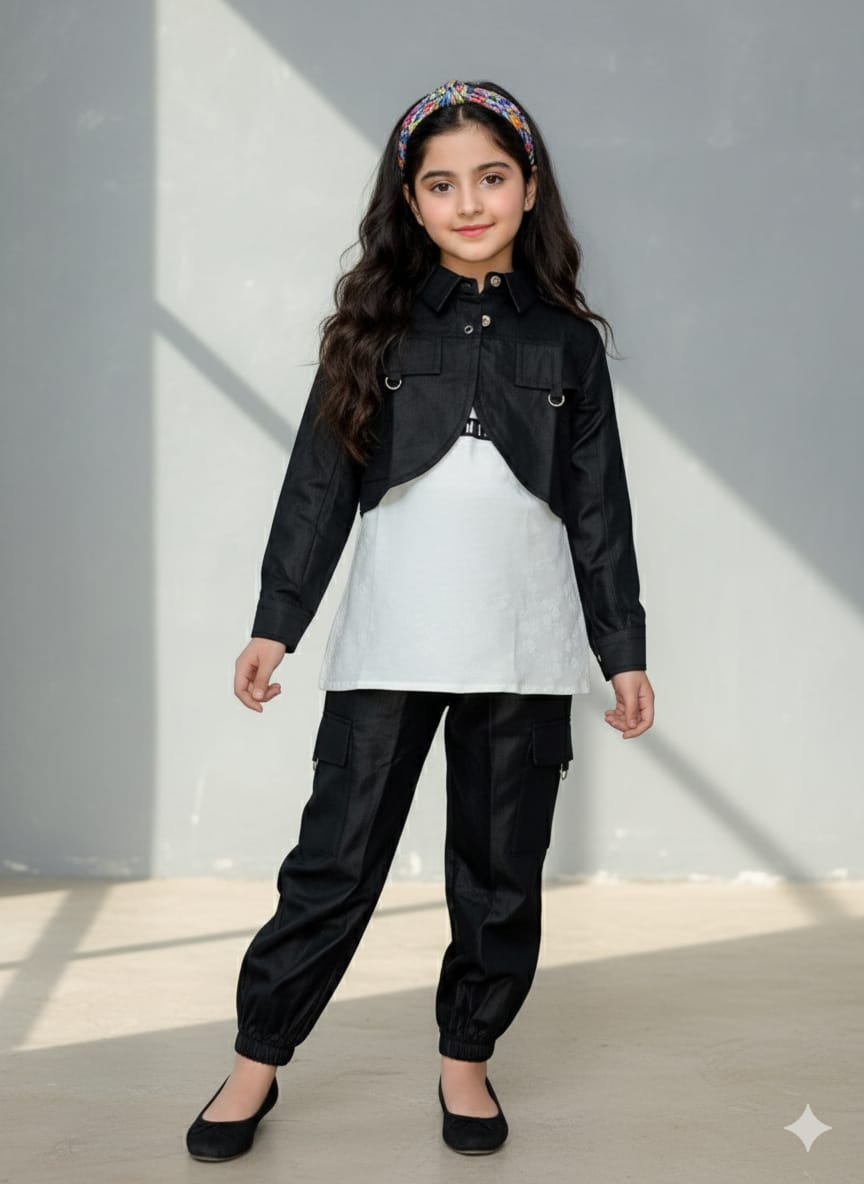 Trendy Girls Denim Jacket &amp; Cargo Set