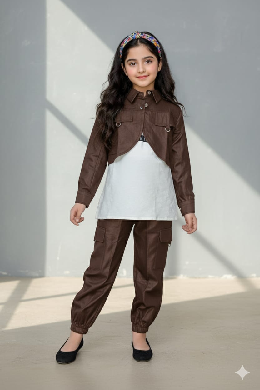 Trendy Girls Denim Jacket &amp; Cargo Set