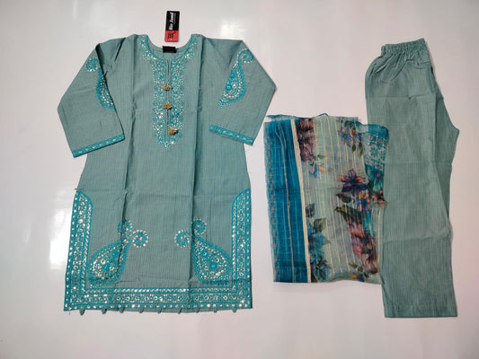 Girls Cotton Embroidered 3-Piece Suit | Kids Wear | Sizes 6–13 Years