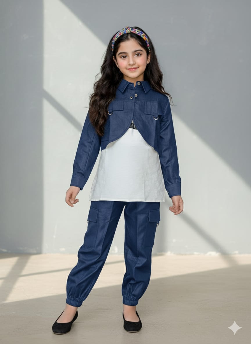 Trendy Girls Denim Jacket &amp; Cargo Set