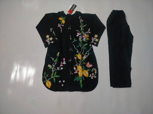 Girls Black Cotton Embroidered  Floral Design  Ages 6–13 Years