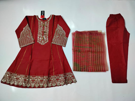 Girls Cotton Embroidered Shirt with Trouser & Dupatta – 3 Piece Set (Ages 6 to 13 Years)