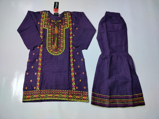 Girls Cotton Embroidered Kurti with Ghara – 2 Piece Set (Ages 6 to 13 Years)